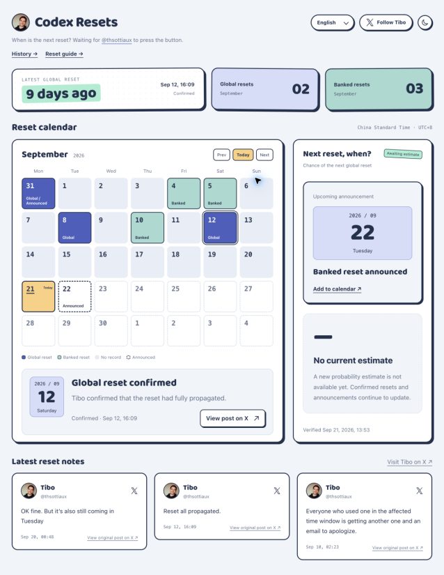 Codex Reset Calendar product screenshot