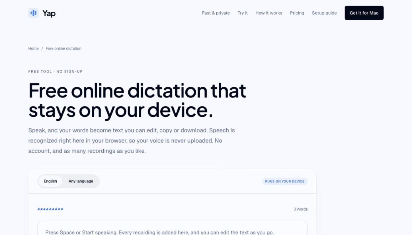 Yap Online Dictation product screenshot