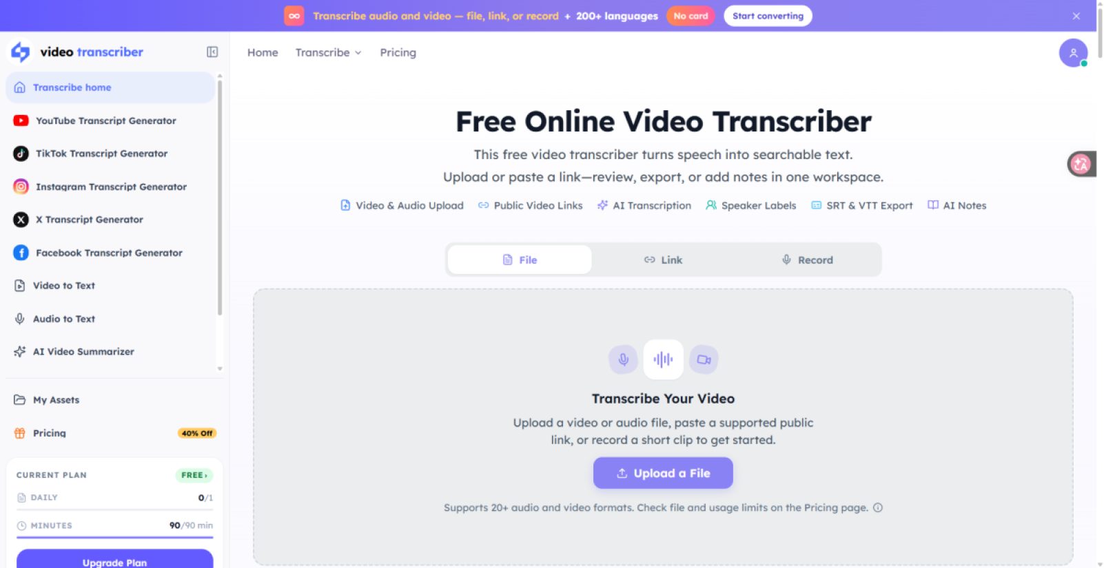 video transcriber product screenshot